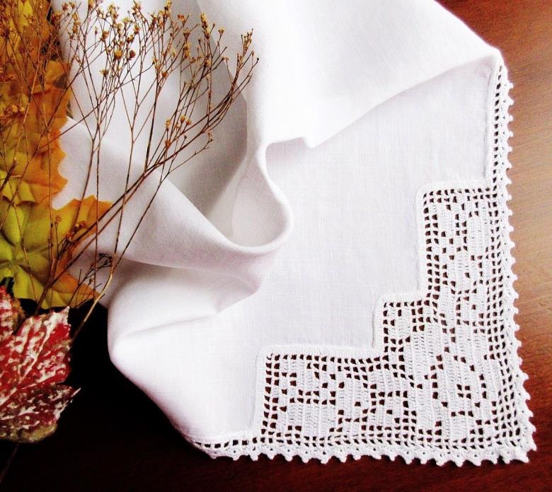 Set of 8 Antique White Linen Napkins With Handmade Lace Corners -Clean and Nice!