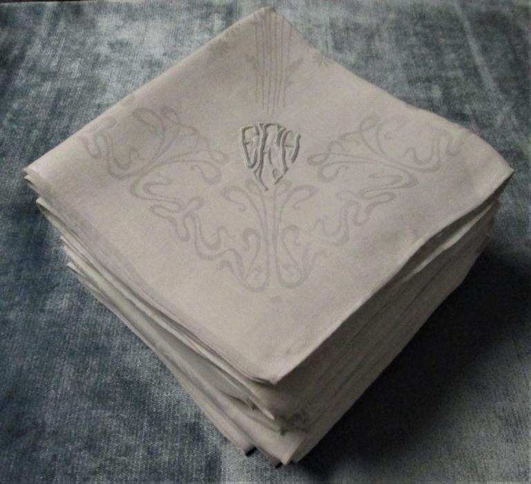12 Linen Damask Lapkins E F H Monogram Daisies Celtic Scrollwork Hand Hemmed