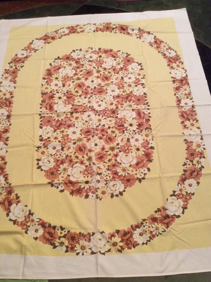 Vintage Tablescloth Yellow White Tan Brown Floral 64
