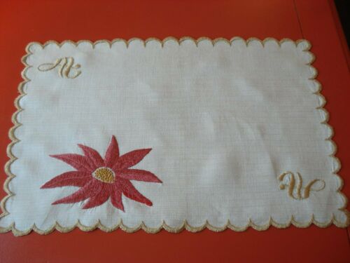 Antique Centerpiece Poinsettia and Monogram - Linen Fabric - Thick Embroidery -