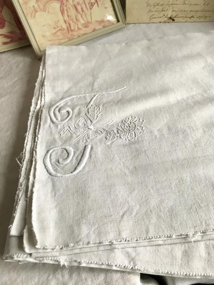 Antique Cotton & Linen Sheet, White Embroidered Monogram F /French Bedding Decor