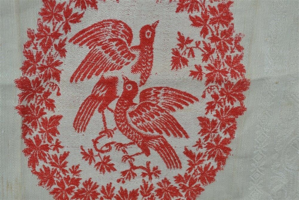 antique linen damask towel 1800 red white  old stock center birds unusual 1800