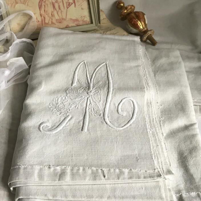 Antique Cotton & Linen Sheet, White Embroidered Monogram M /French Bedding Decor