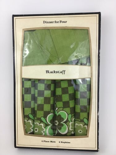 Vintage Blackstaff 1960s Irish Linen Set 4 Napkins Placemats Flower Green Check