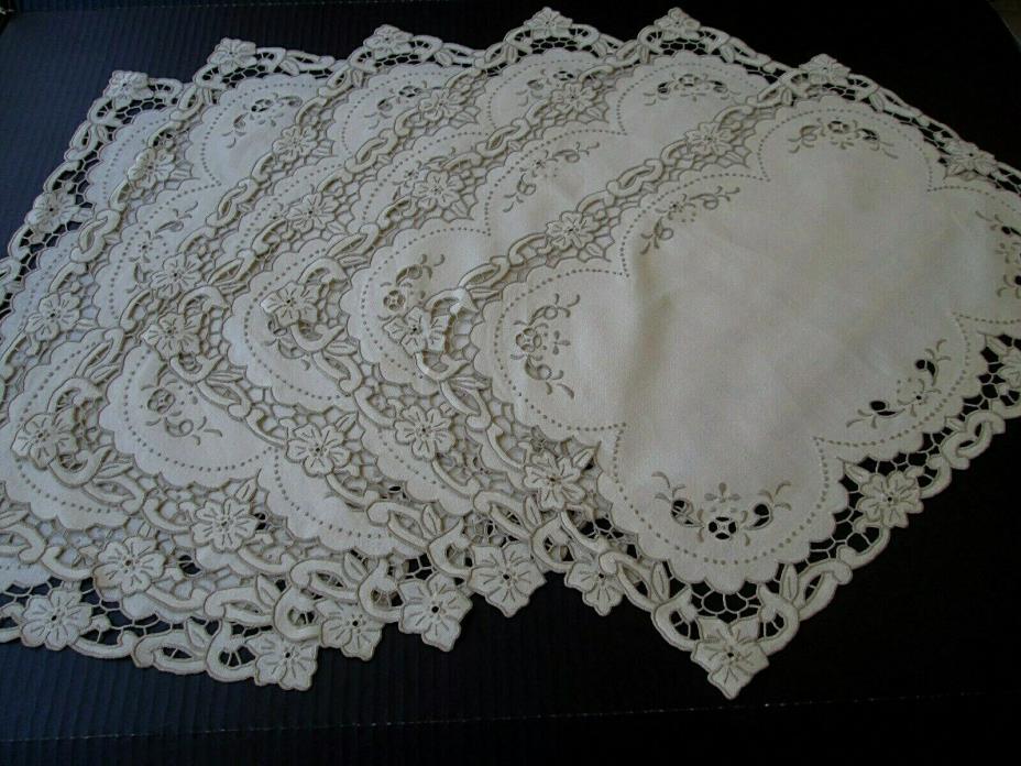 SIX VINTAGE LINEN & EMBROIDERY WITH CUTWORK PLACEMATS...UNUSED