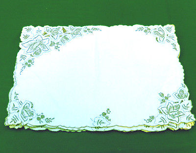 Antique Linen Hand Embroidered Floral Rose Doily Placemat 12.5 x 19