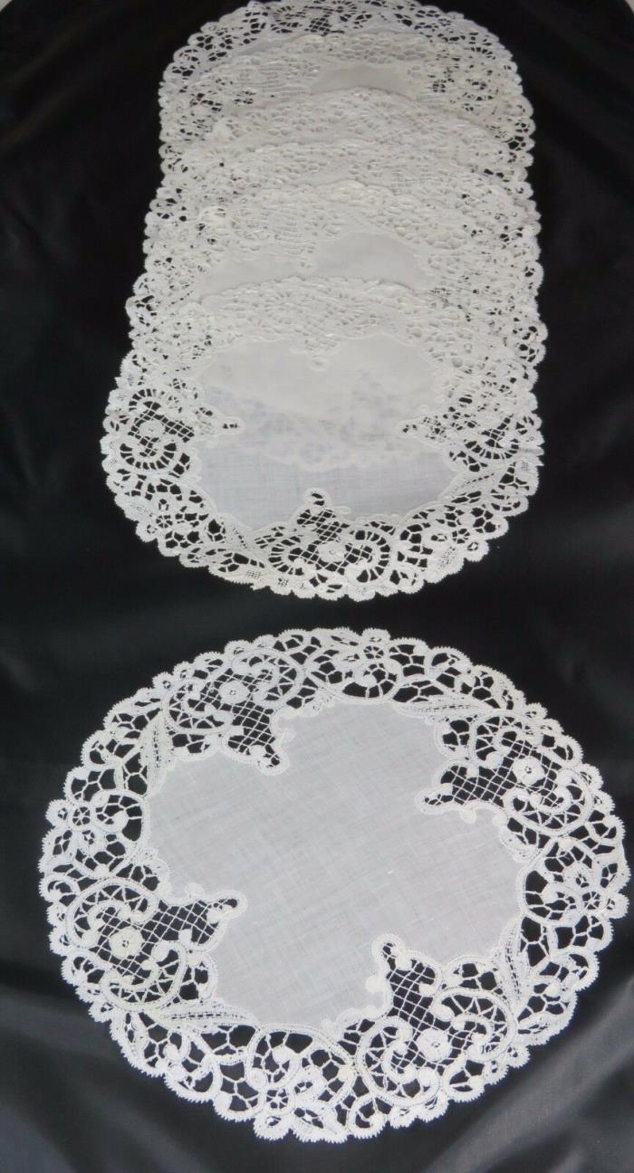 7 Antique Lace Placemats Linen Round Table Mats Handmade Bobbin Edging Cream