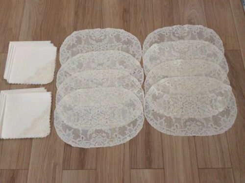 ANTIQUE VTG FRENCH ALENCON LACE PLACEMATS WITH MATCHING NAPKINS, SET OF 8, ECRU