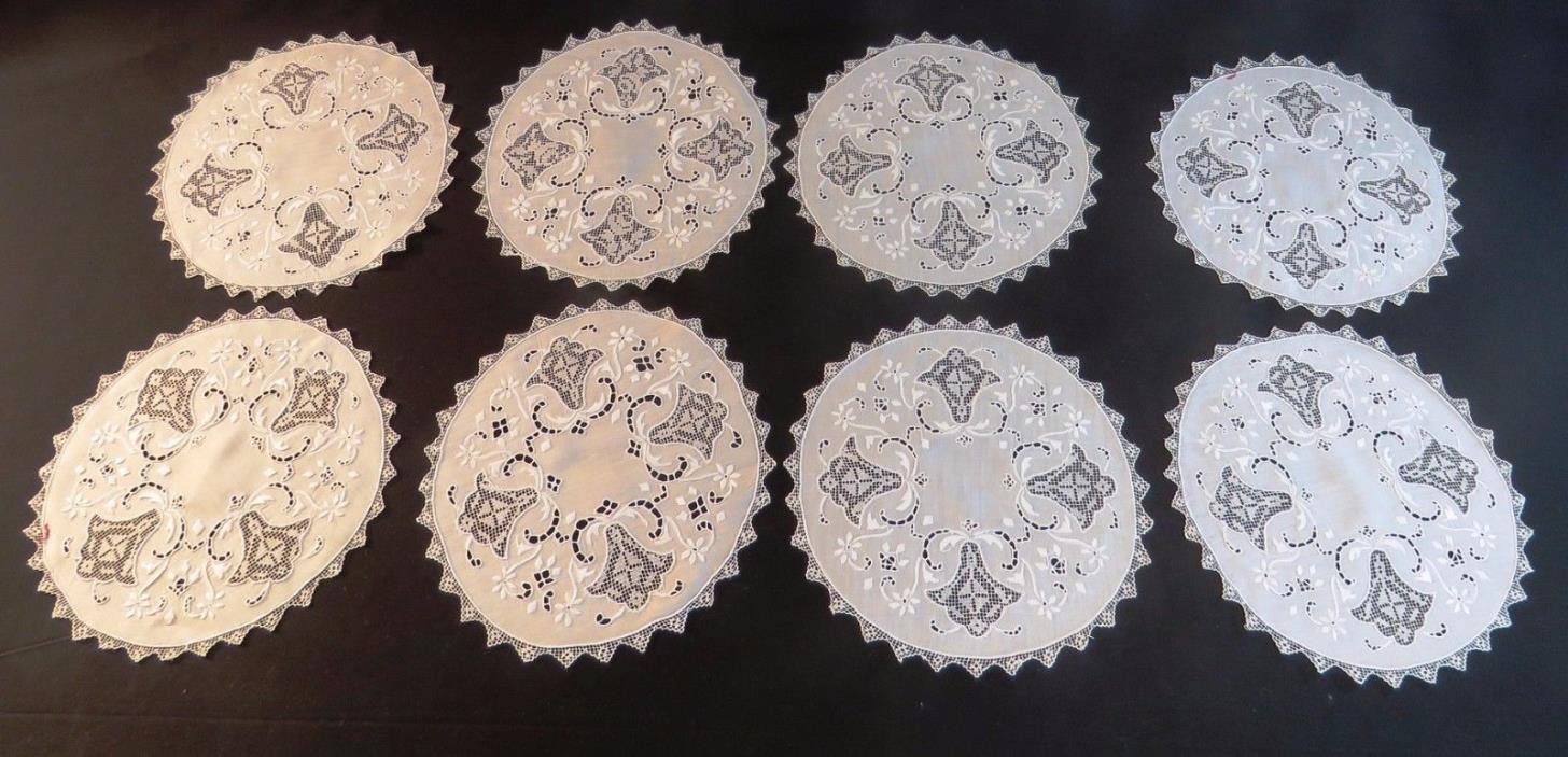 Antique Placemats Linen Italian White Embroidered Filet Lace Luncheon 8 pc Set