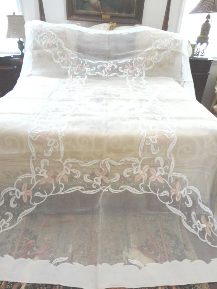 ANT MADREIRA ORGANDY APPLIQUED TABLECLOTH &  12 NAPKINS -SATIN JONQUILS 72x108