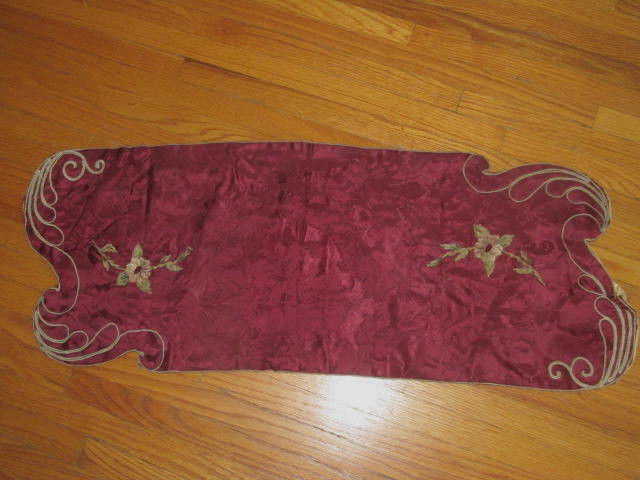 Antique Silk Satin Runner Dresser Scarf~Chenille Thread Embroidered Flowers 20s