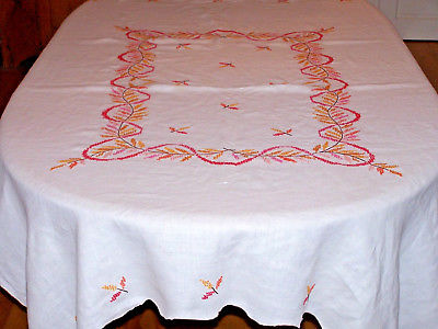 VINTAGE EMBROIDERED LINEN TABLECLOTH, AUTUMN FLORAL THEME, 73
