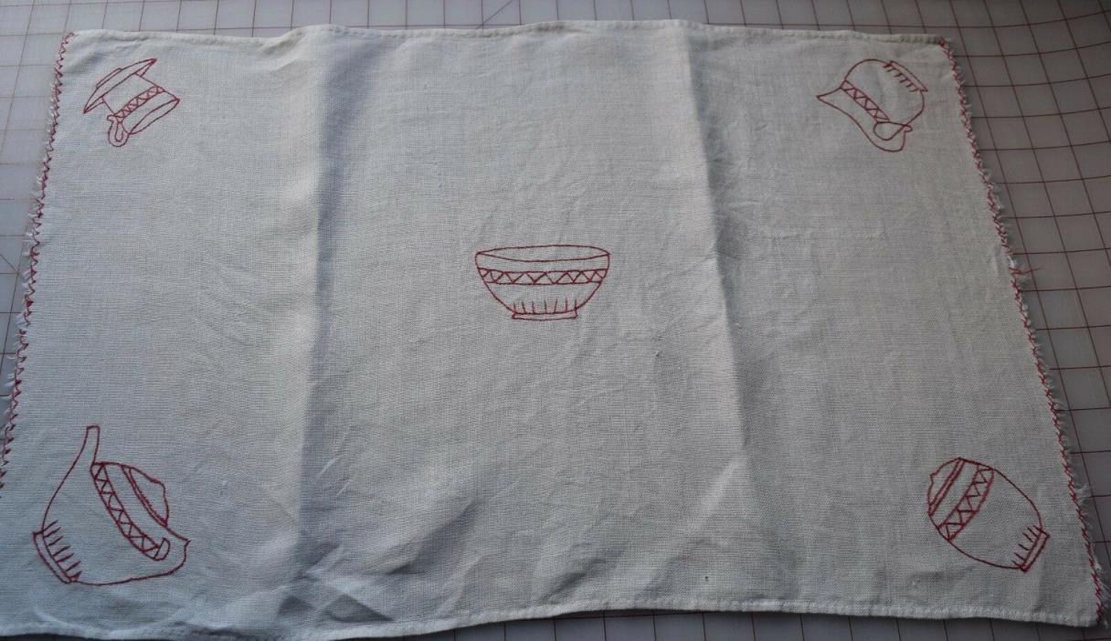 Vintage 1890's linen RedWork table runner, Oriental looking kitchenwares