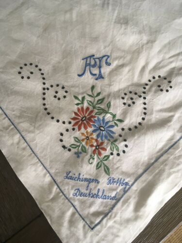 Antique Handmade Signed Embroidered Tablecloth Laichingen Germany