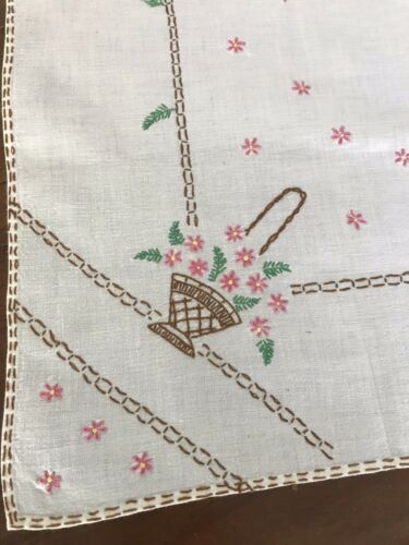 Vintage Linen Bridge Cloth Basket of Flowers 34x34 Stitched