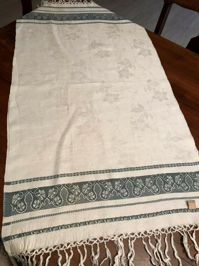 Antique Linen Damask Table Cover Blue Green Stitching NOS 21x40 (7)