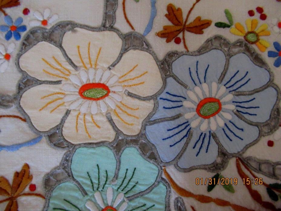 Stunning Vintage MADEIRA TABLECLOTH Cutwork Applique Colors 52x64