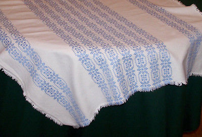 ANTIQUE BLUE JACQUARD EMBROIDERED TABLECLOTH, TOPPER, REVERSIBLE, SLOVAKIA c1940