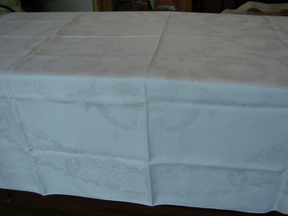 Antique Fine Silky, Drapey Linen Damask Tablecloth - Roses - Fleur De Lis