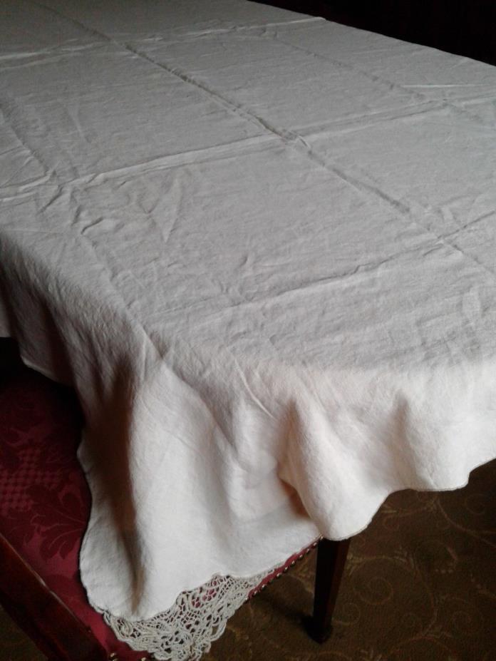 VINTAGE LINEN TABLECLOTH WITH LACE INSERTS, SCALLOP EDGE IVORY 108 L X 54 W