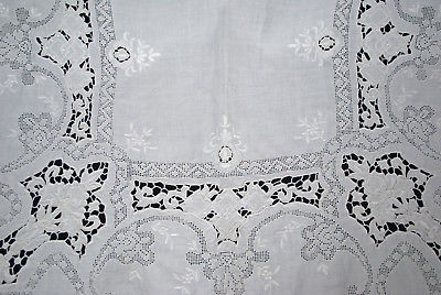 Vintage Embroidered Linen Lace Tablecloth - White Work Mosaic 6 Napkins 118 x 66