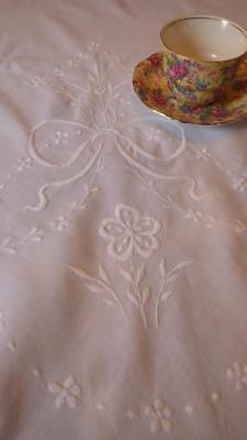 Large Antique Vintage Embroidered White Cotton Tablecloth 50