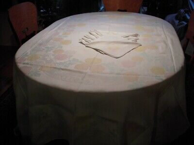 Rare Damask Multicolored Pink Peach Yellow Teal Tablecloth + 6 Napkins