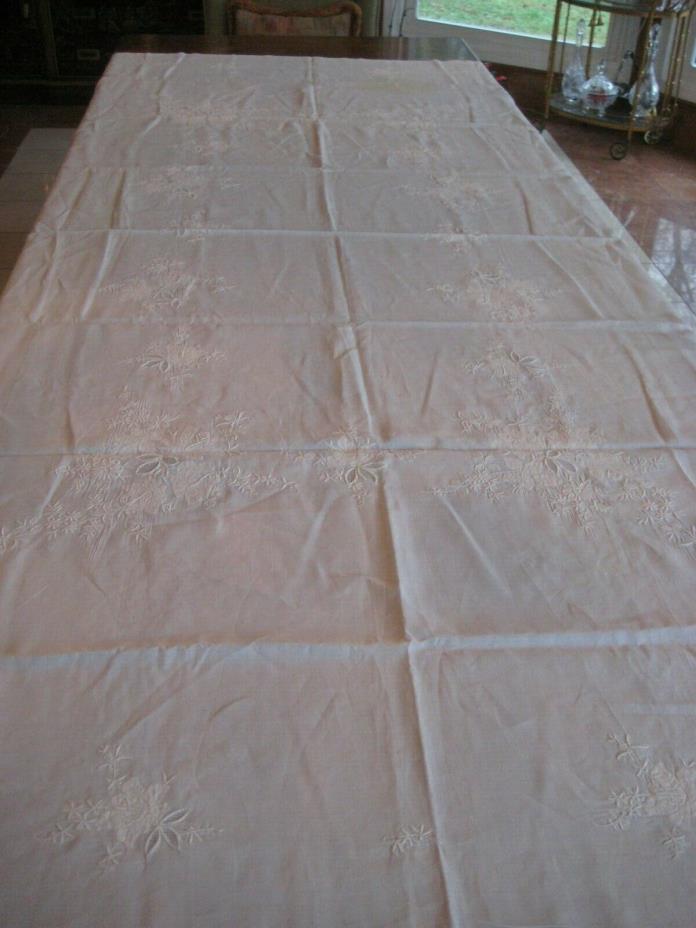 White Antique Tablecloth 100 x 68  appliqued borders Needle lace  w 12 napkins