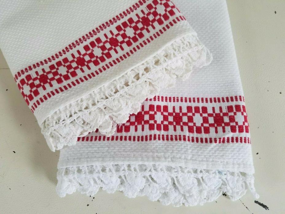 (2) Vintage White HUCK COTTON Red Border Dish Towels PASTRY Cloths Lace Edge