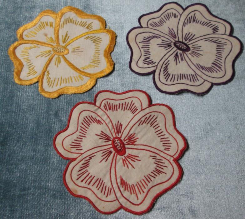 Antique 3 Hand Embroidered Flower Drink Mats Unique Look