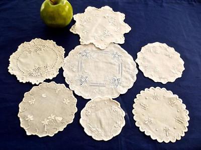 7 Antique Chic Embroidered Round White Linen Coasters & Doilies Variety Patterns