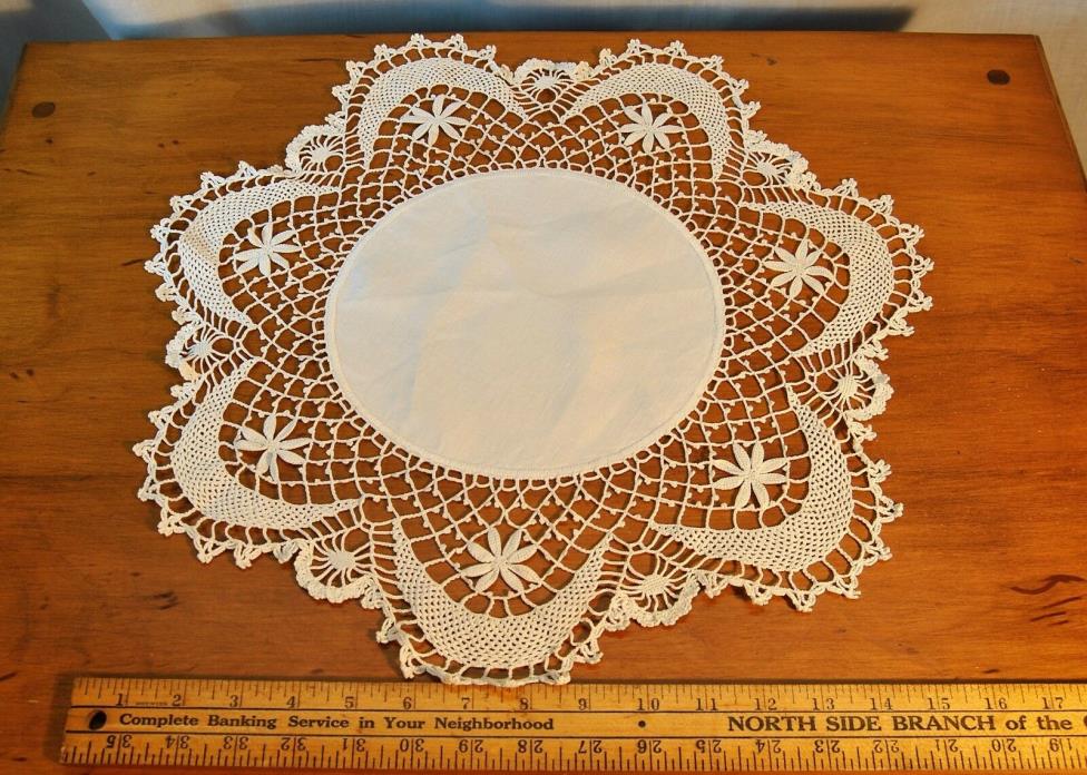 Large 17 inch Linen Doily 4 1/2 inch Crocheted Lace Excellent Condition