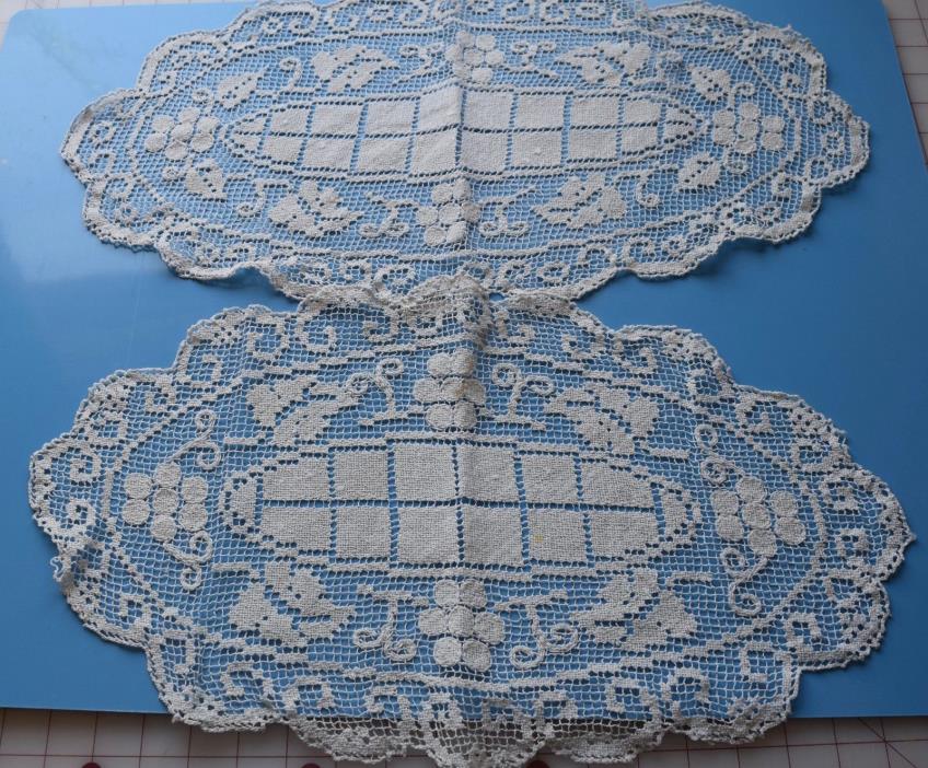 6334 2 antique Filet lace doilies, Grapes design