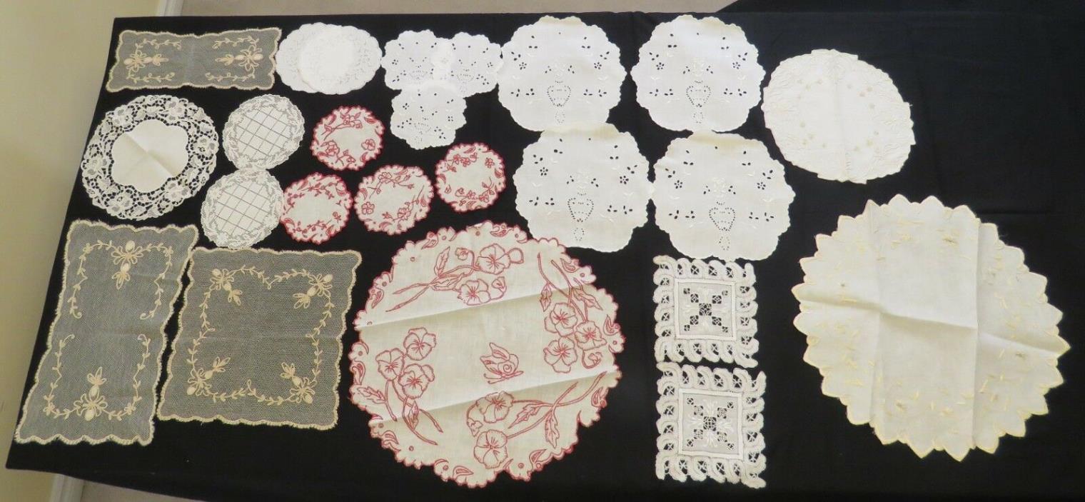Antique Vintage Doilies Table Doily Coaster Lot Linen Embroidered Cutwork 24 pc