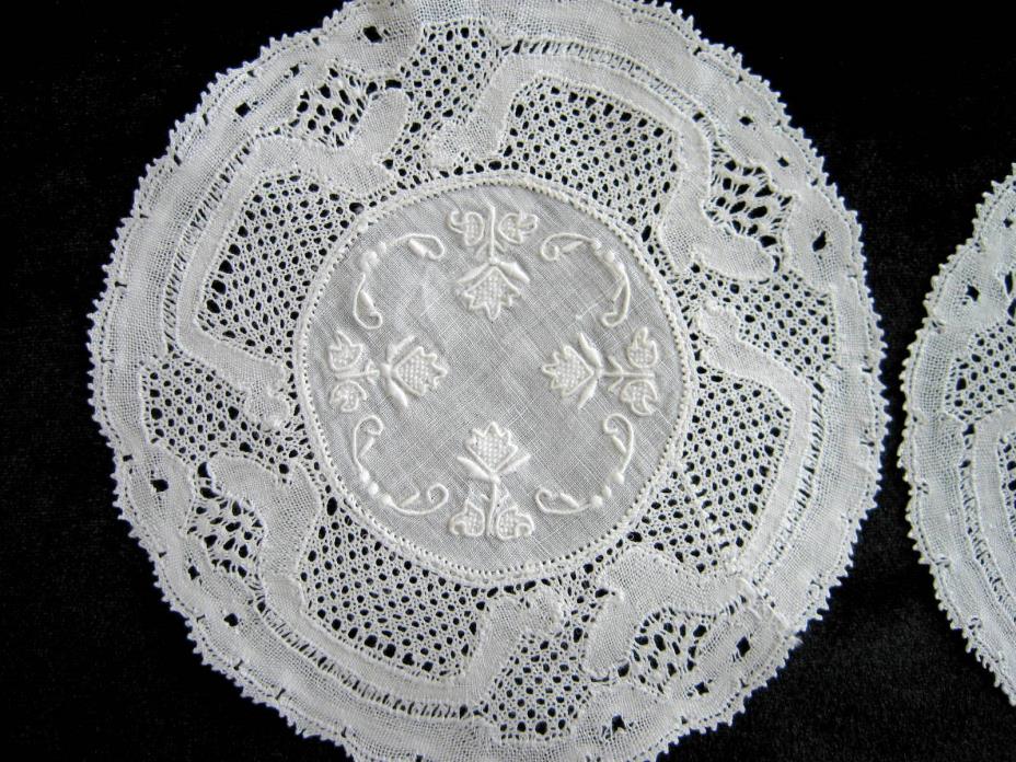 4 Antique White Hand Embroidered Lace Doilies Lot #5