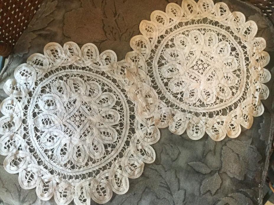 Antique vintage pair of lace doilies round with scalloped edge ecru in color