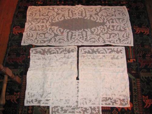 Antique 1800's  Hungarian Buzsak Needle-Turned Applique on Net Runner, Placemats