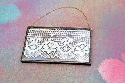 Vintage Lace under Glass Copper Frame with Chain Hanger, 3” x 1.5” FREE SHIP!