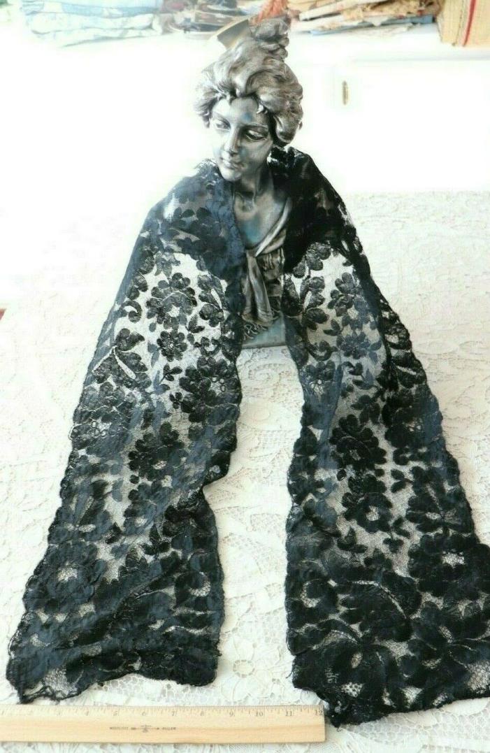 Beautiful Antique 19thC Silk Black Lace Mantilla~Florals~L-30
