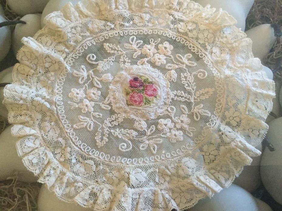 Antique vintage lace doily ivory color with petit point embroidered pink roses