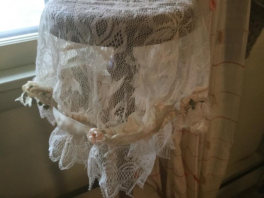 Antique vict bed~boudoir~bridal cap lace w silk~wax millinery flower rosettes