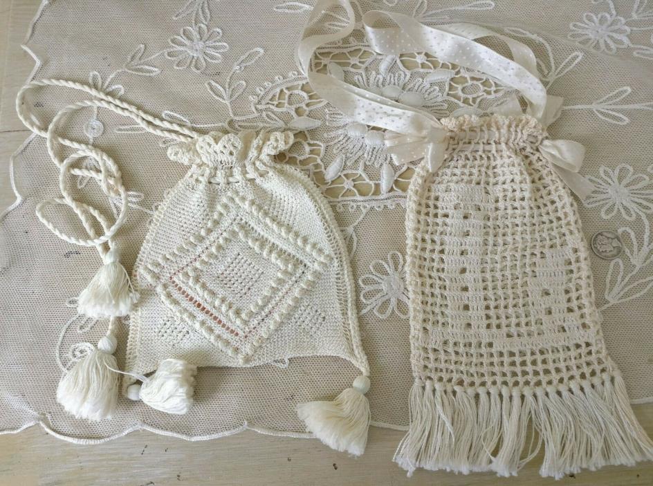 2 Antique Crocheted Edwardian Bags Silk Ribbon Initial L Drawstring Purse Tassel