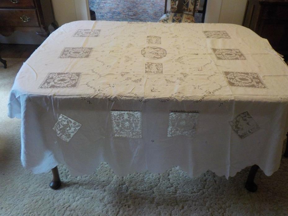 Vintage  LARGE Handmade Embroidered Lace Tablecloth