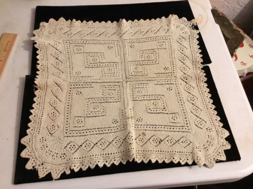 Antique Hand Knitted Crochet Handkerchief Napkin Lace - Victorian Vintage Tan