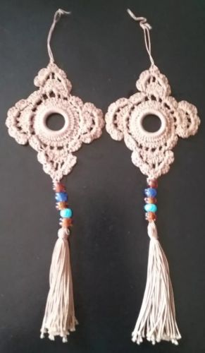 2 ANTIQUE 1920's Shade Pulls - Glass Beads & Rings - Crocheted Ornate Ecru