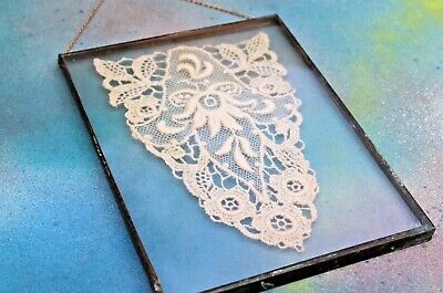 Vintage Lace under Glass Copper Frame with Chain Hanger, 4” x 5” FREE SHIPPING!