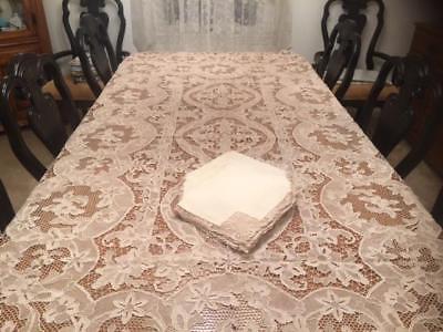 Large Antique Vintage Handmade Ecru Needle Lace Tablecloth 12 Napkins 108