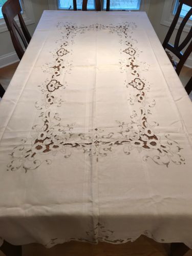 Lovely Art Deco/Antique Ivory & Gray Cutwork Tablecloth & 12 Matching Napkins