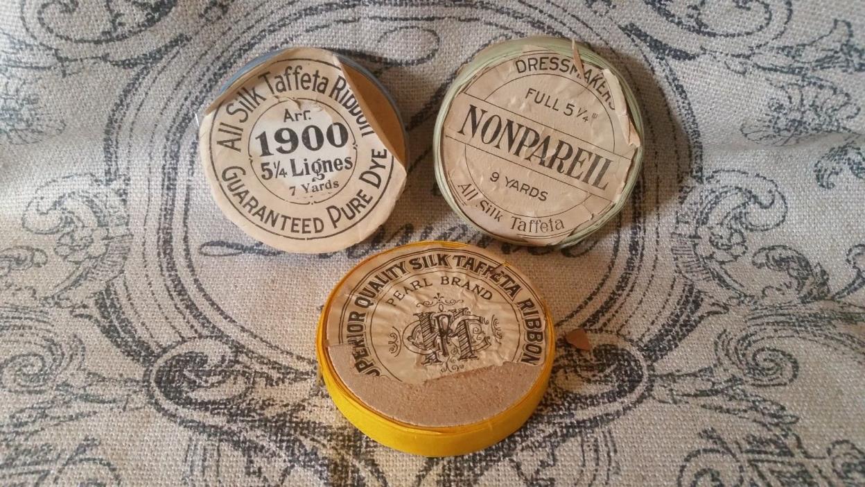 3 Antique Silk Taffeta Ribbon Spools