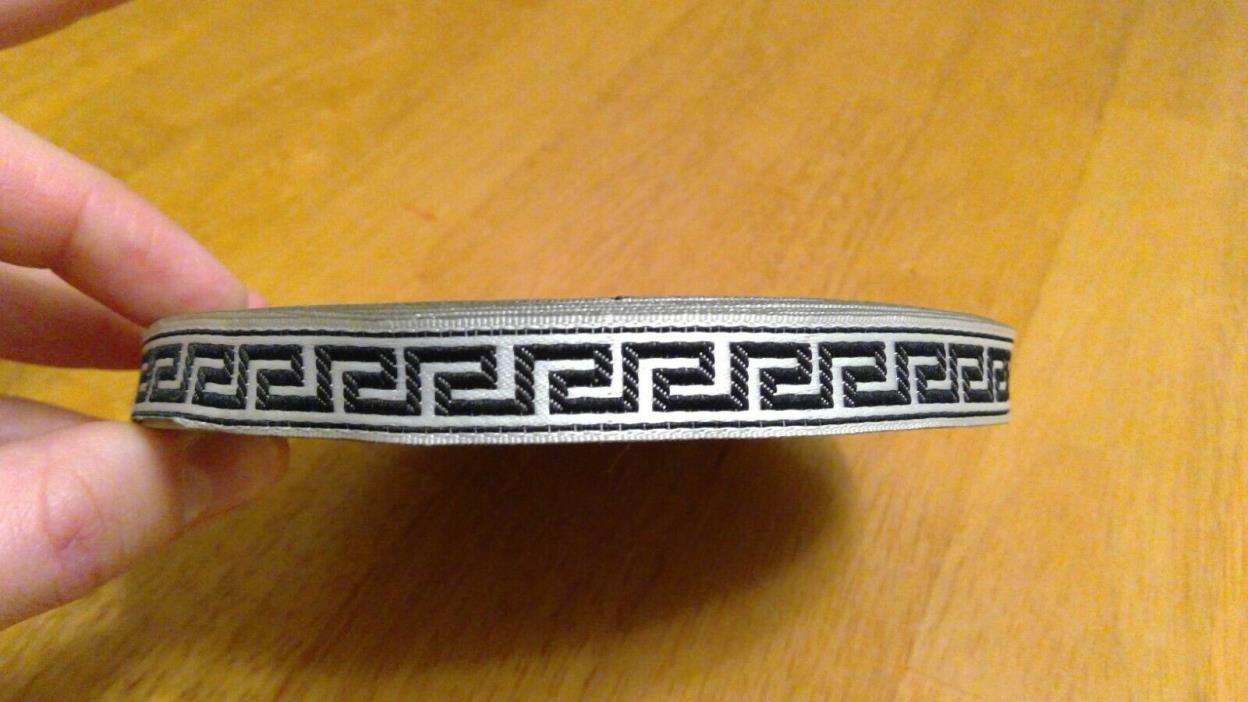 Vintage French Metallic Silver Black Greek Key Ribbon Galloon Trim Tape 1/2